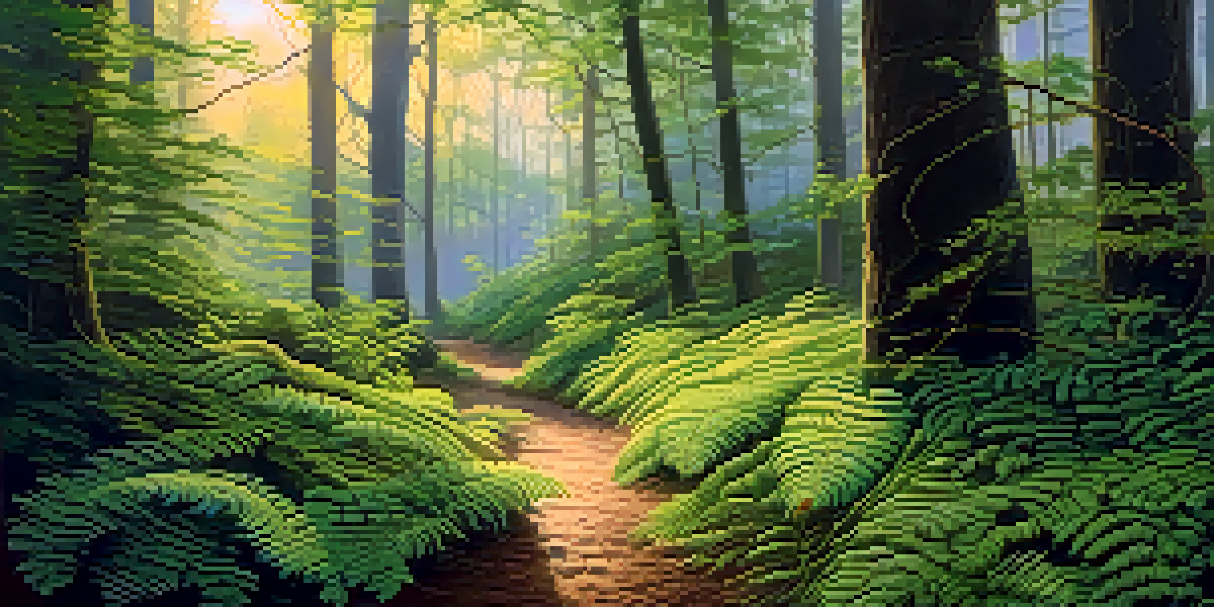 A peaceful forest path illuminated by soft golden sunlight filtering through the trees at dawn.