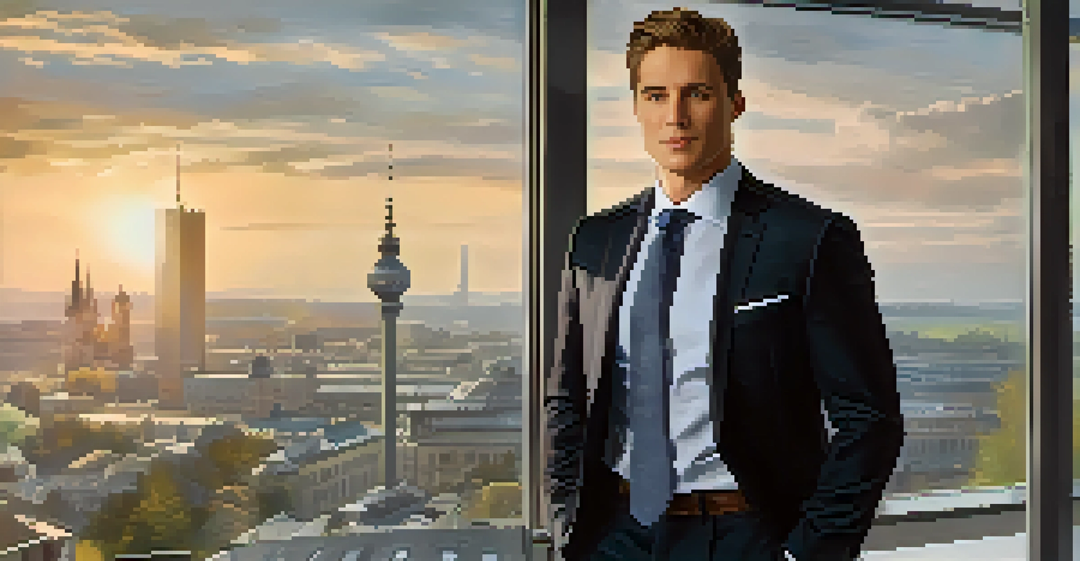 A professional in a tailored suit stands confidently in a modern office with a city view, showcasing an elegant business environment.