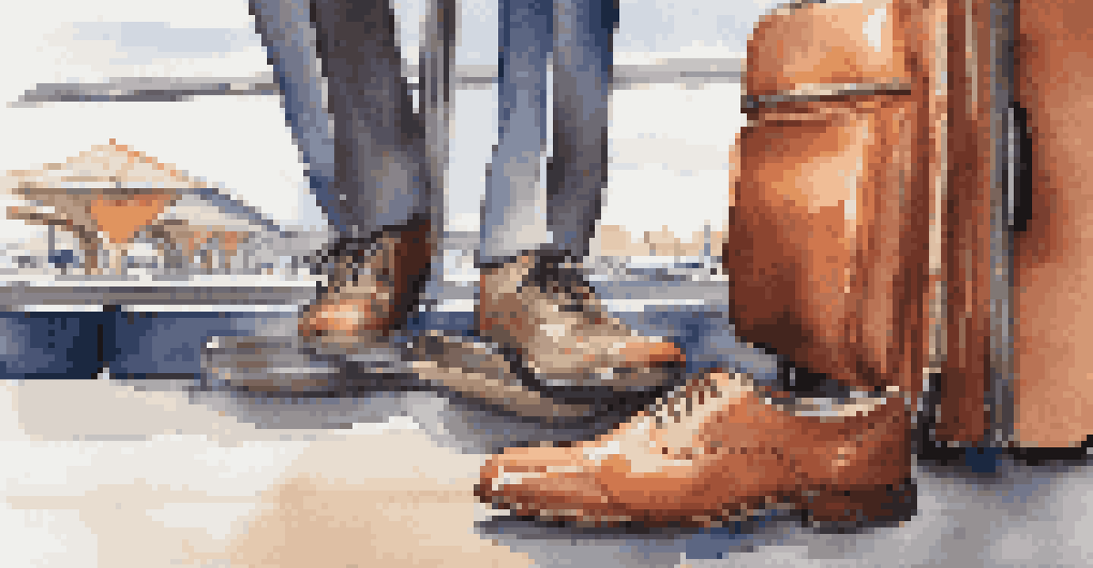 Comfortable, stylish shoes next to a suitcase in a busy airport terminal.