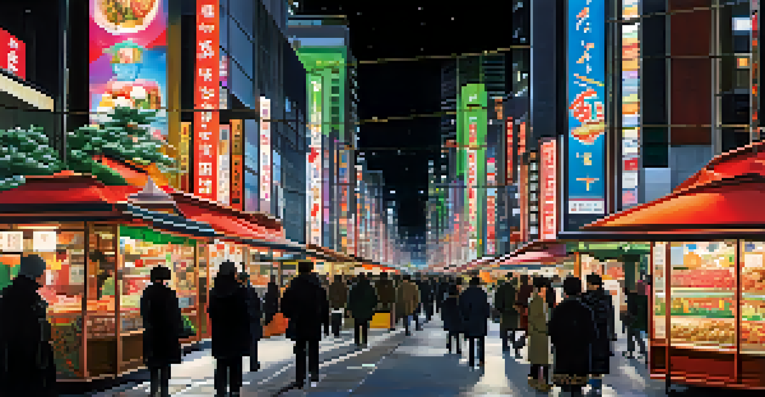 A lively winter night scene in Tokyo with illuminated skyscrapers and people enjoying the festive atmosphere.