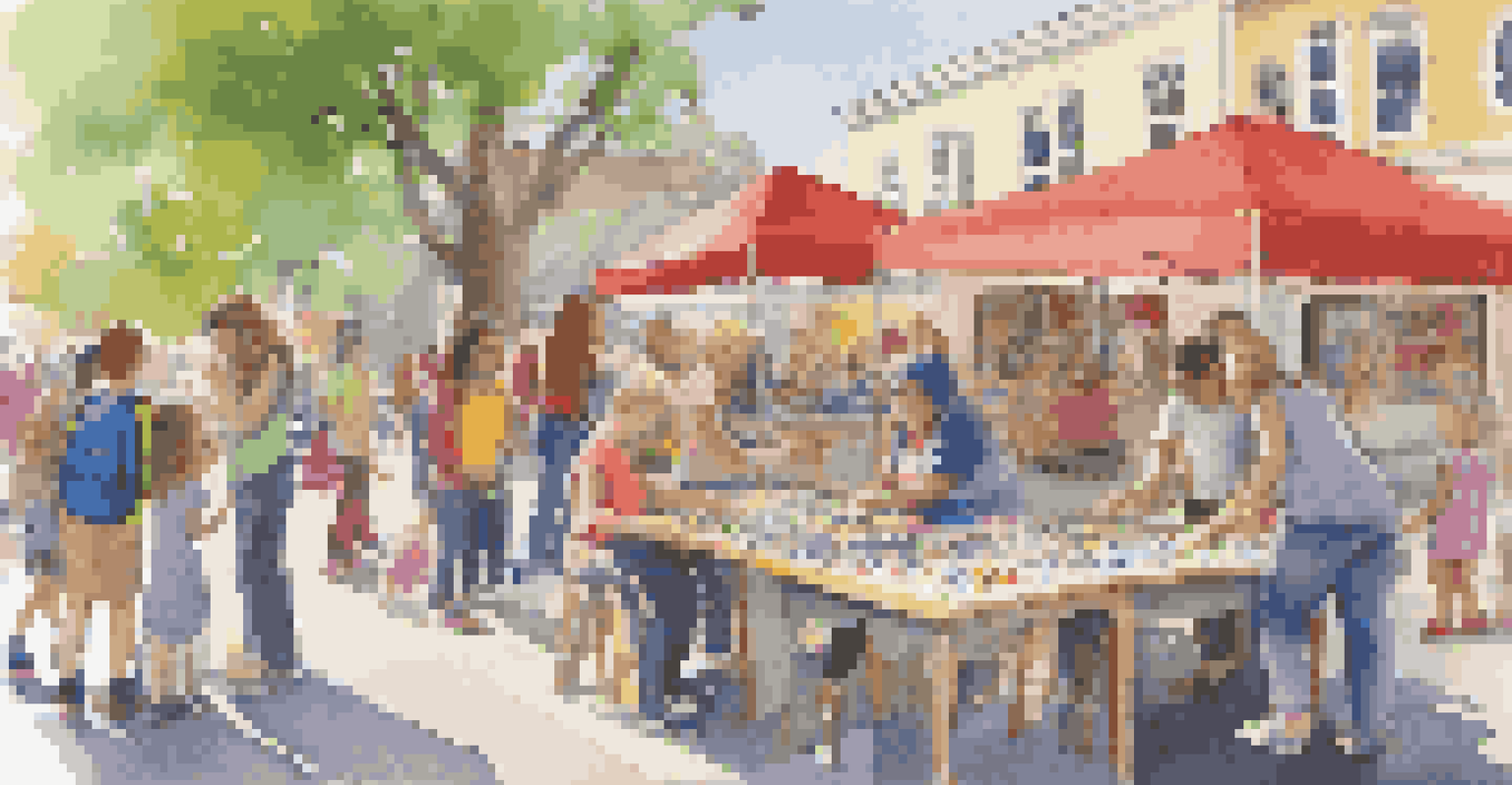 Children engaged in an art-making station during a family-friendly art walk, with parents watching and musicians performing nearby.