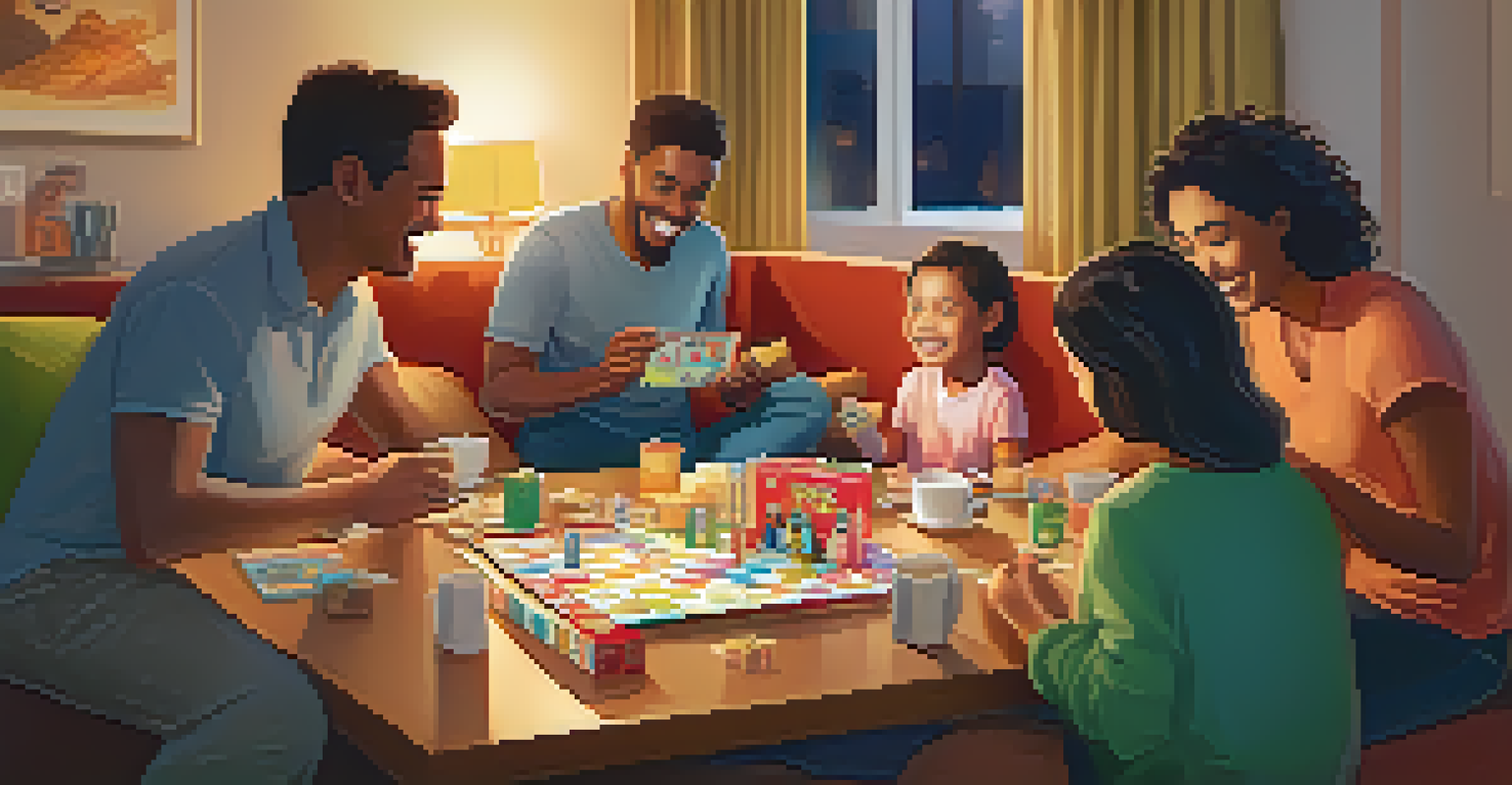 A family enjoying a game night in a hotel room, gathered around a board game with snacks.