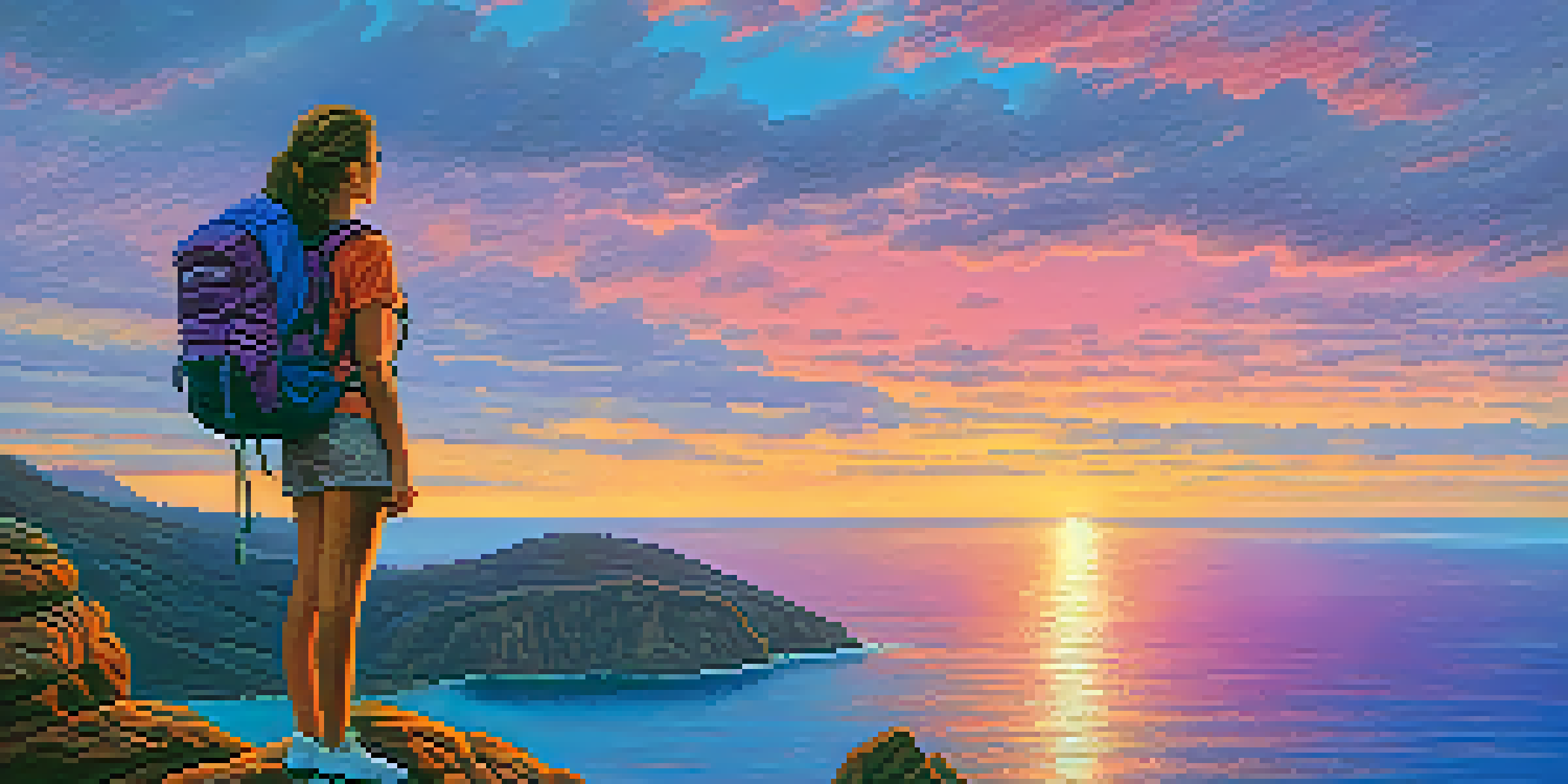 A solo traveler on a cliff at sunset, looking over the ocean with vibrant sunset colors in the sky.