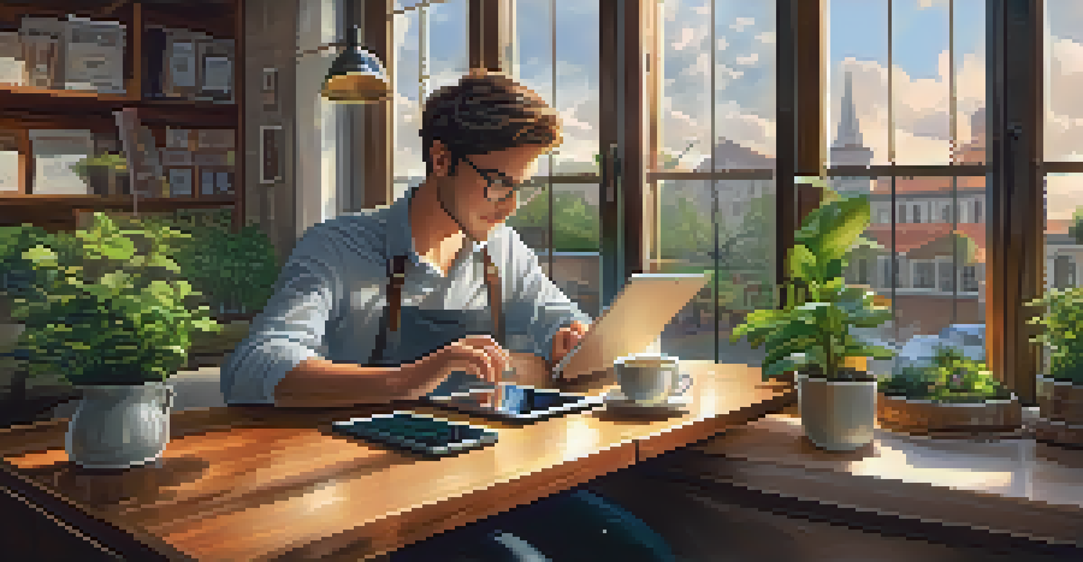 A business professional working on a tablet in a cozy café, with a cup of tea and a rainy day view outside.