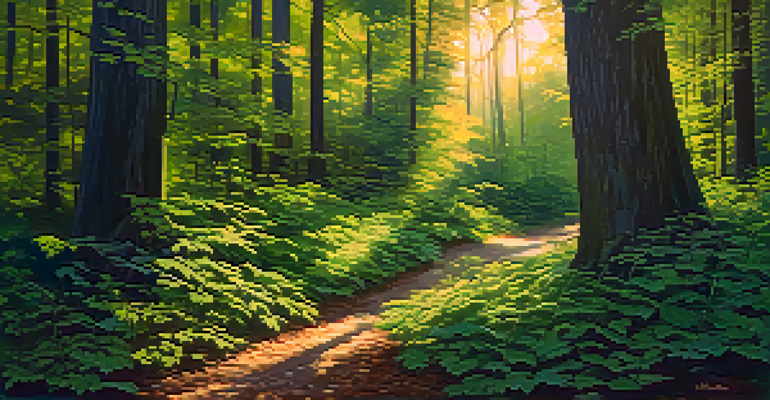 A peaceful forest scene during golden hour, with sunlight filtering through the leaves and a winding path leading into the woods.