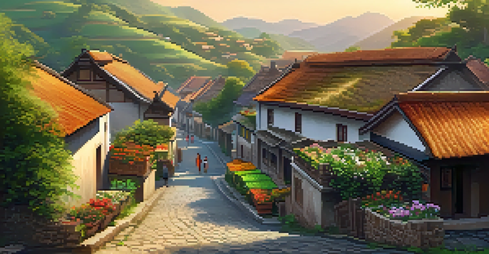 A peaceful village in a green valley with colorful houses and villagers going about their daily activities under warm sunlight.