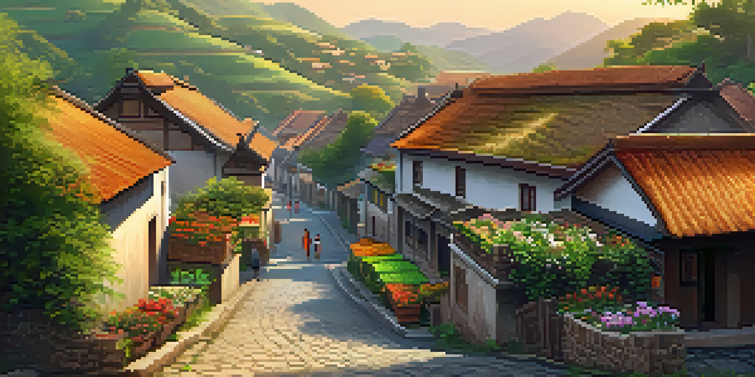 A peaceful village in a green valley with colorful houses and villagers going about their daily activities under warm sunlight.