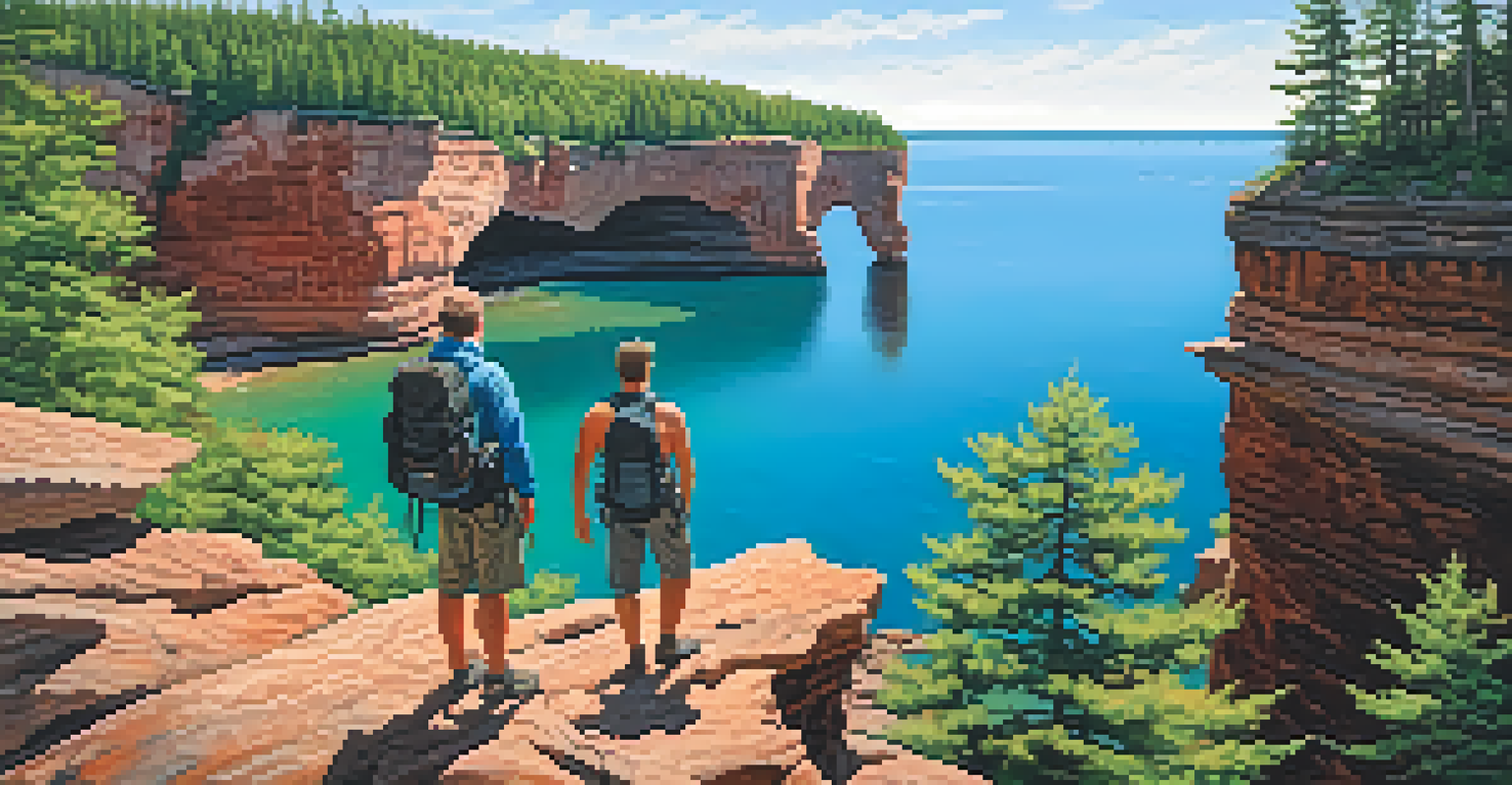A hiker on a rocky cliff overlooking the Apostle Islands, with turquoise waters and rugged cliffs under a clear blue sky.