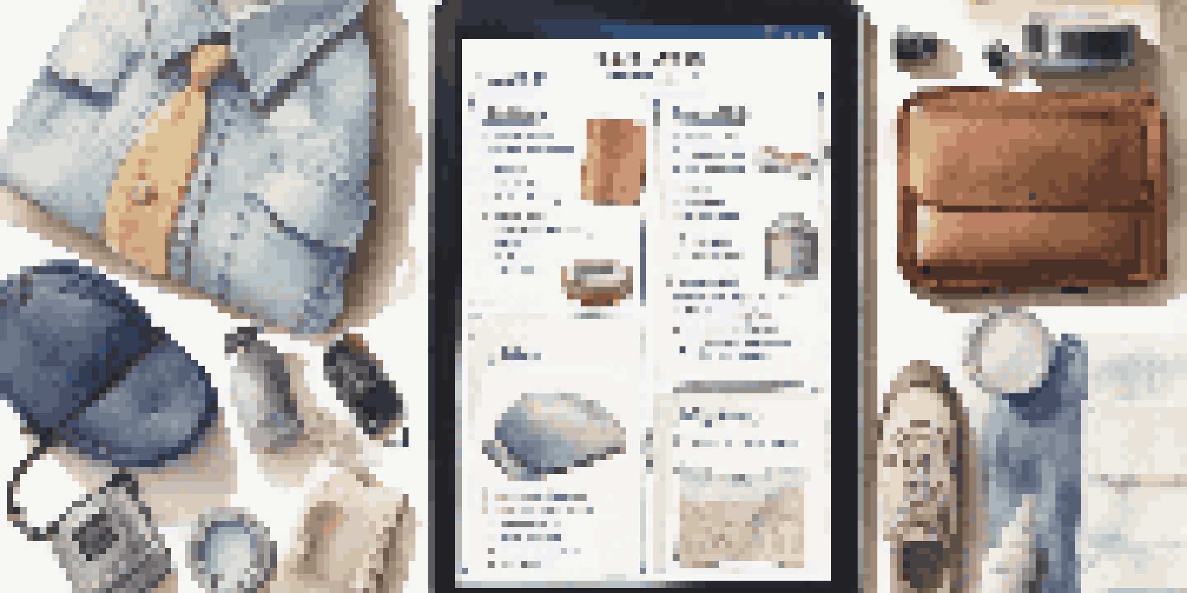 A tablet showing a master packing list with travel items like toiletries and clothes arranged around it.