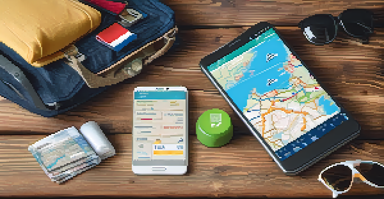 A smartphone with a travel app on a wooden table, surrounded by travel items like a passport and sunglasses.