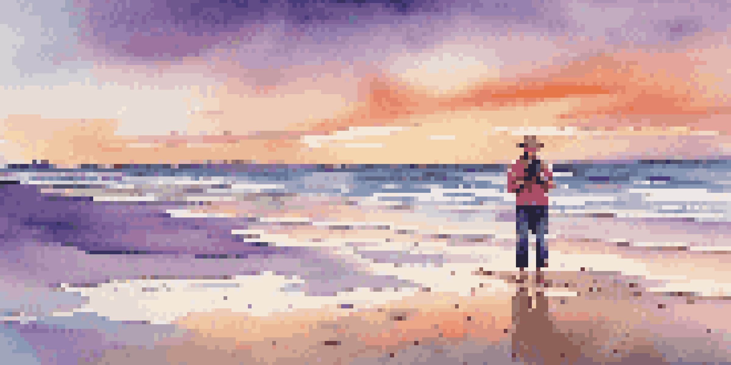 A traveler on a beach at sunset, holding a camera, with colorful sky and waves.