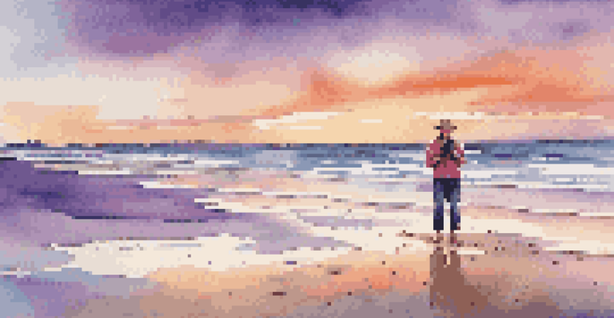 A traveler on a beach at sunset, holding a camera, with colorful sky and waves.