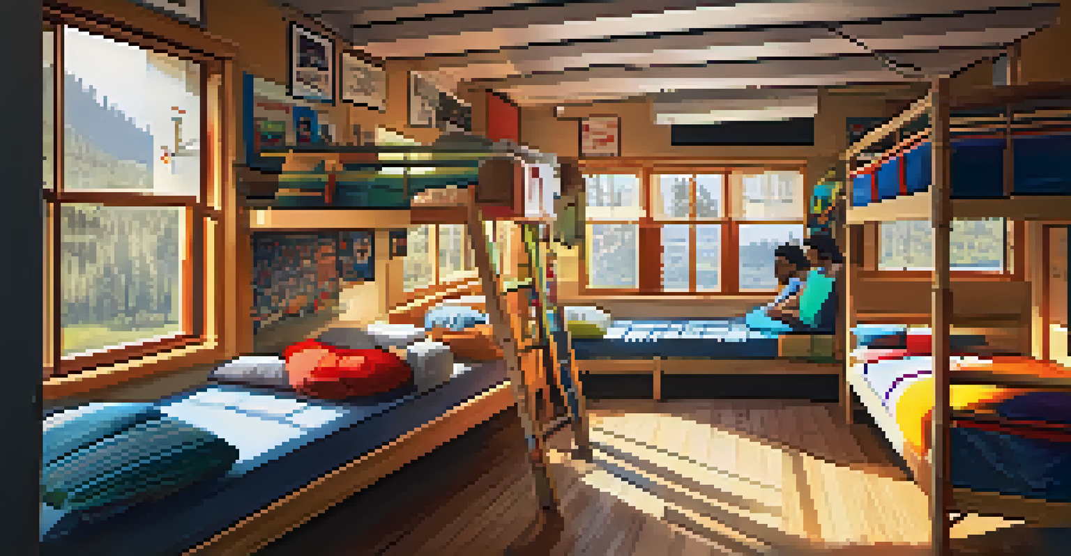 A cozy hostel room featuring bunk beds and sports memorabilia, filled with natural light and colorful cushions, creating a welcoming environment for travelers.