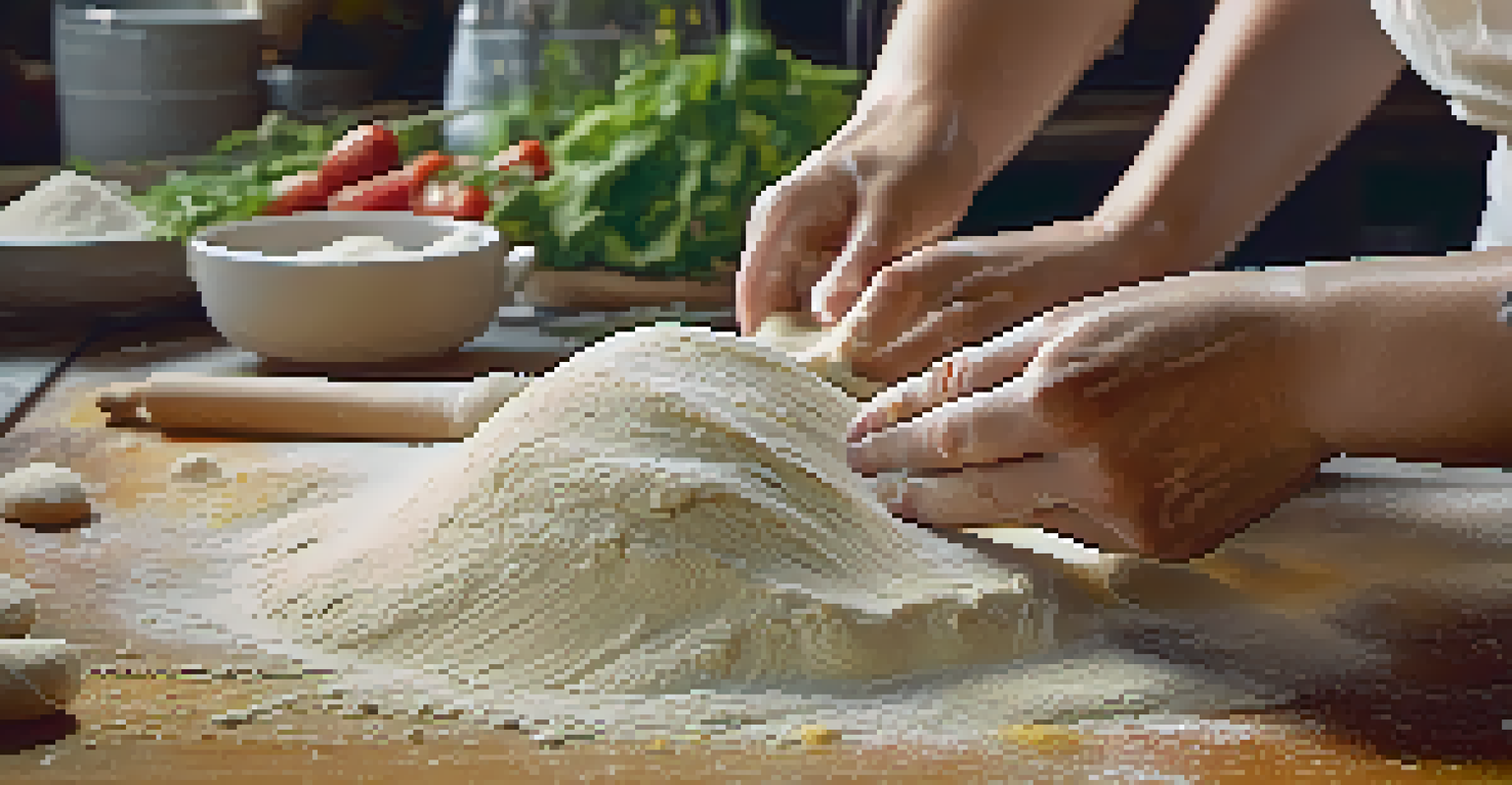 Close-up of hands rolling fresh pasta dough at a culinary workshop, with flour and fresh vegetables in the background.