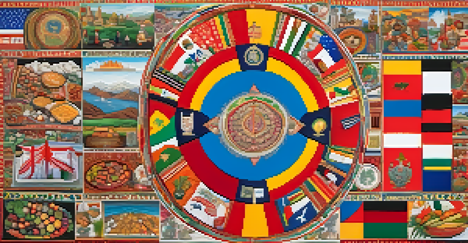 A colorful collage of cultural symbols, including flags and traditional clothing, arranged in a circular design.
