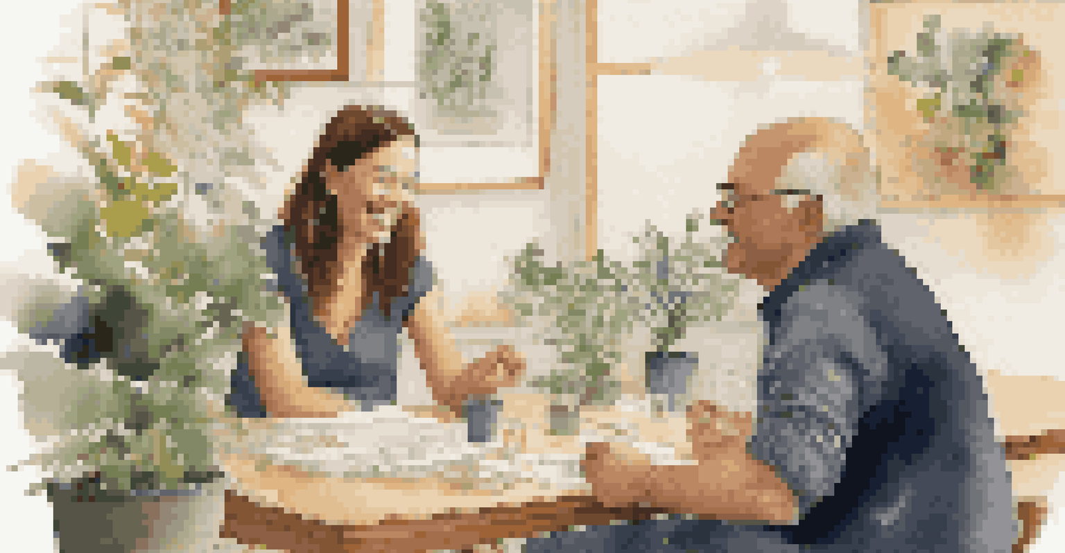 Two people engaged in a meaningful conversation at a local workshop, surrounded by creative projects and a warm, inviting atmosphere.