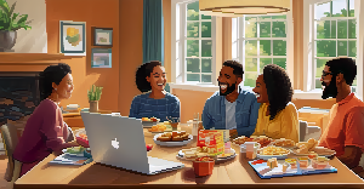 A cozy home setting with family members planning a reunion around a table filled with snacks and laptops.