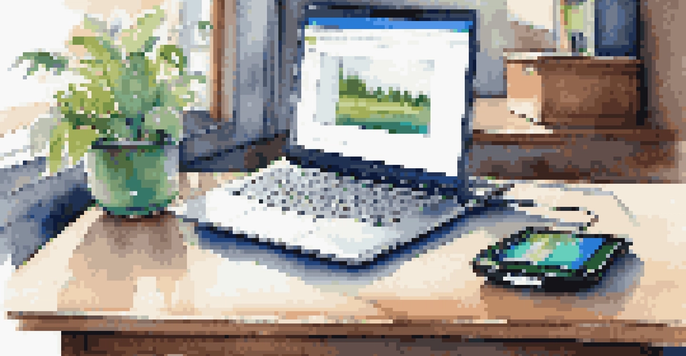 A modern business laptop on a wooden desk with a protective case, portable charger, and travel organizer in a well-lit room.