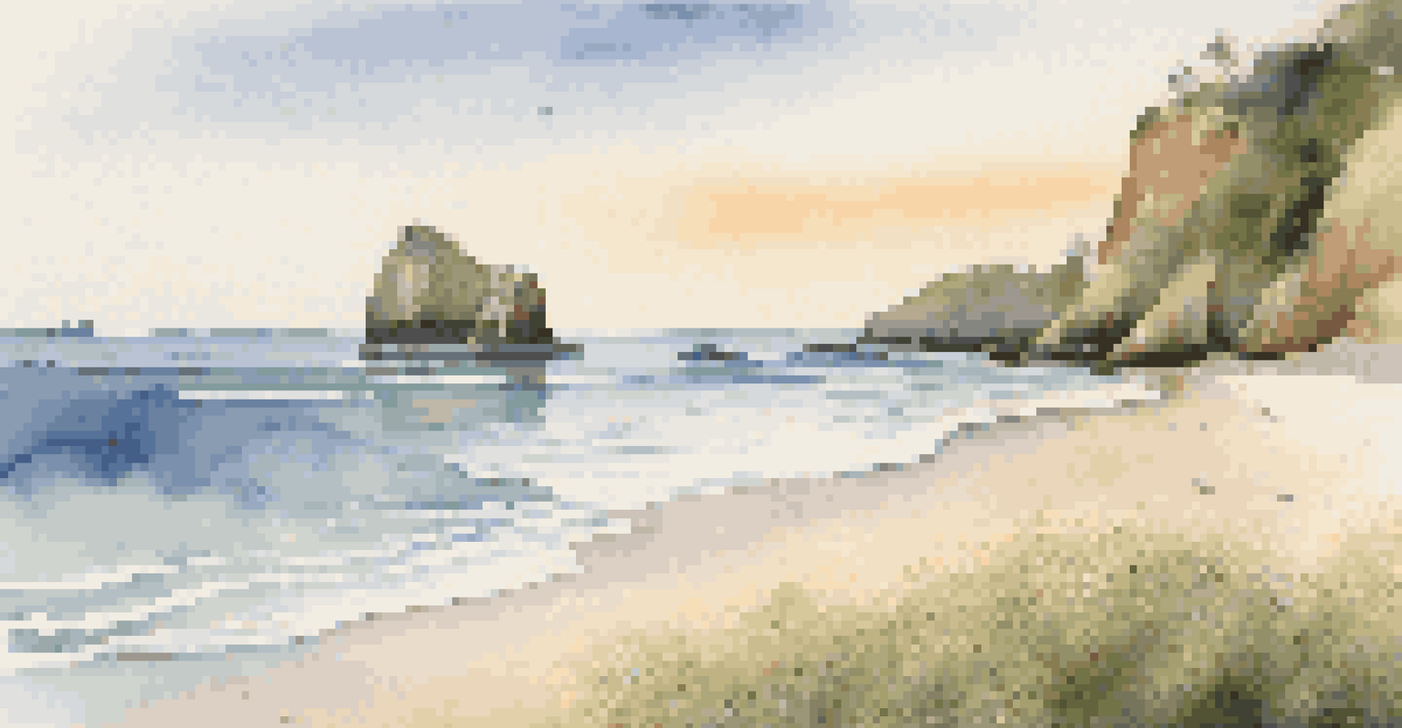 A serene hidden beach at sunrise with golden sands, gentle waves, and rocky cliffs surrounded by greenery.