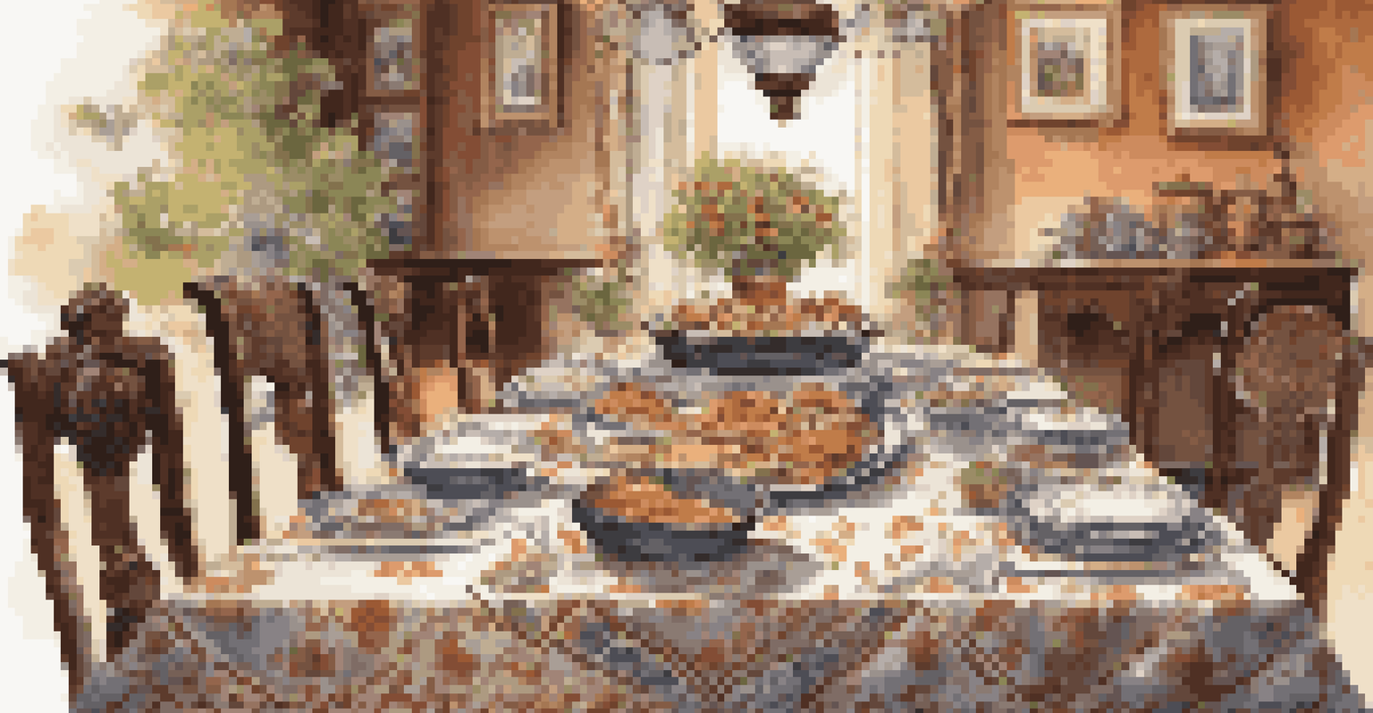 A beautifully set dining table with traditional dishes, surrounded by cultural artifacts and a warm, cozy atmosphere.