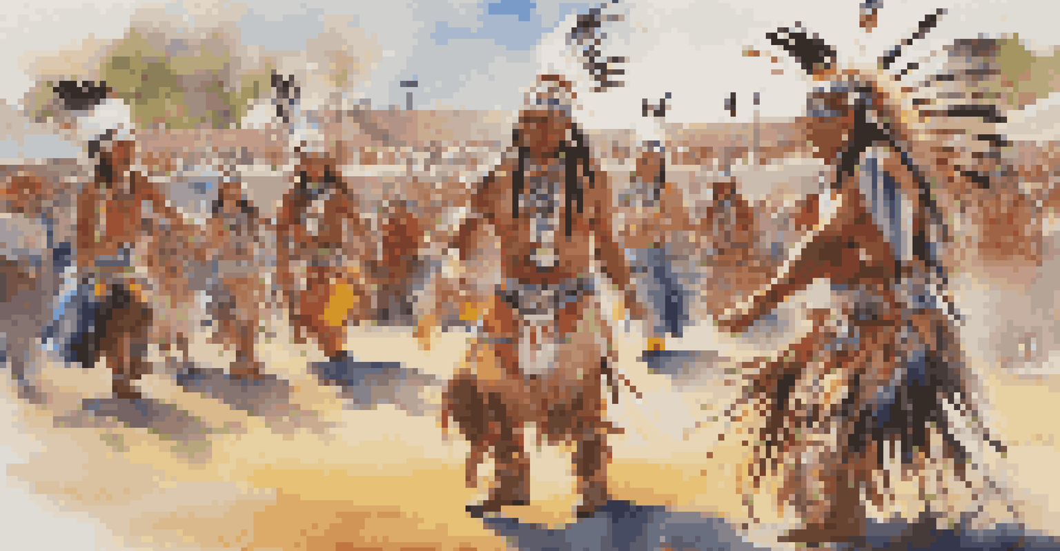 Close-up of Native American dancers in colorful regalia at a powwow, showcasing dynamic movement and vibrant textures.