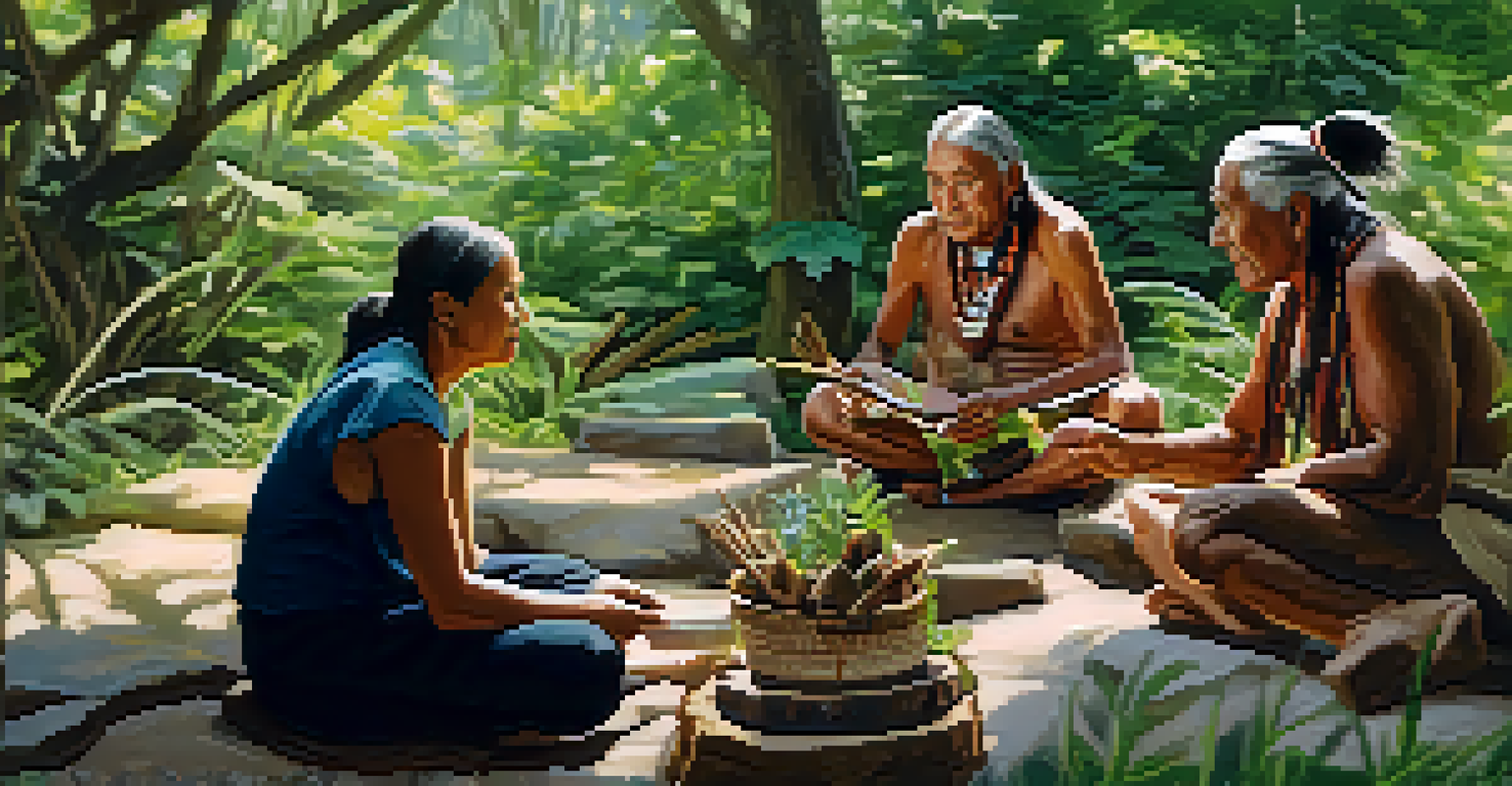 A Native American elder presenting a natural gift in a lush outdoor setting, sharing cultural stories.