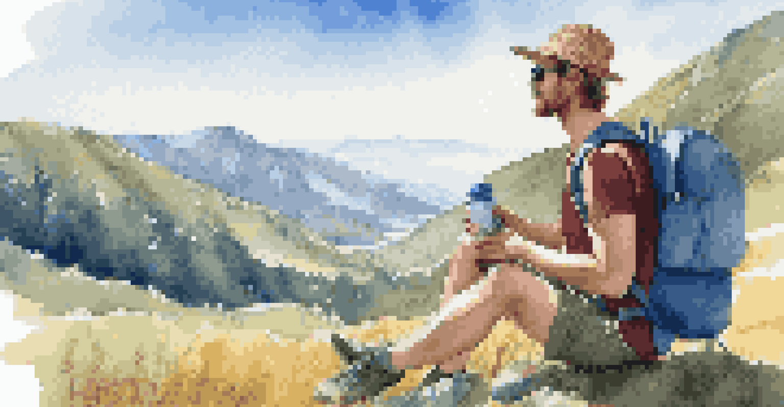 A traveler on a grassy hillside enjoying eco-friendly snacks from reusable containers, with mountains in the background.