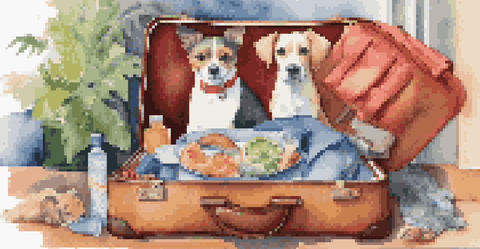 A packed travel bag for pets alongside a suitcase, showcasing food, a water bowl, and a blanket in a colorful travel-themed setting.