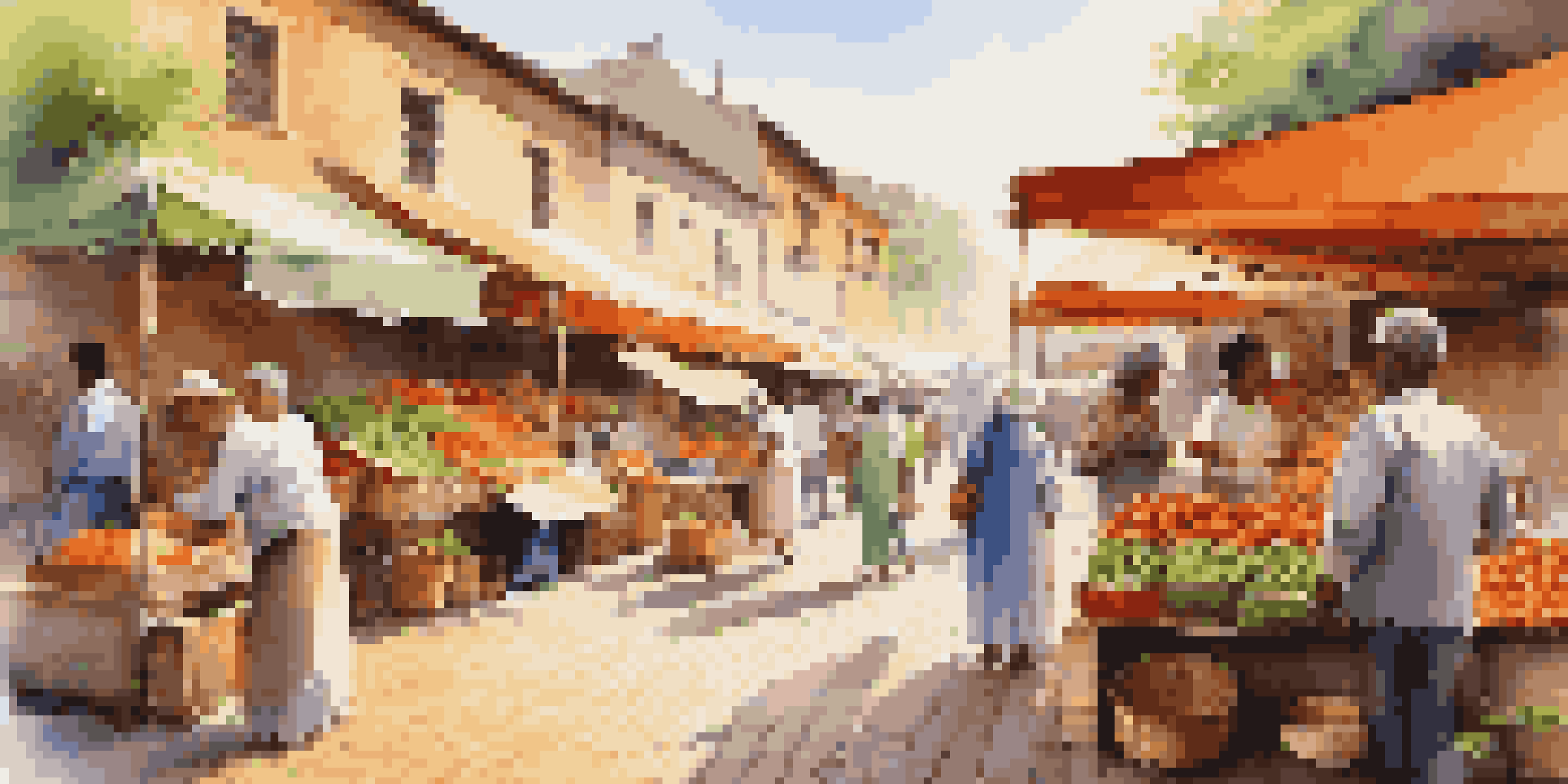 A busy local farmer's market with colorful stalls, fresh produce, and people engaging with each other.