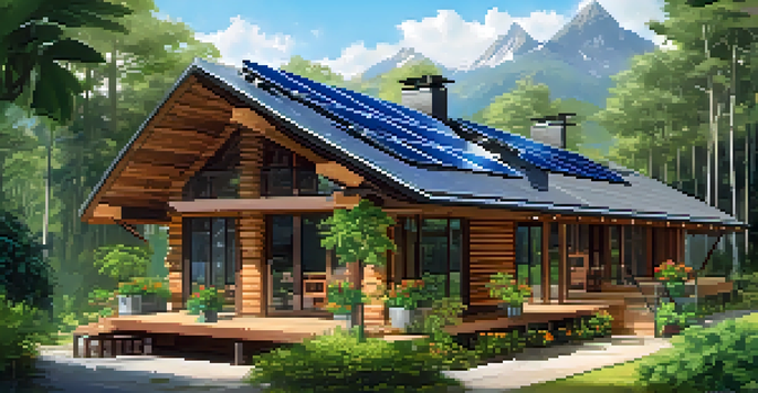 An eco-friendly lodge nestled in nature with solar panels and a vibrant garden.