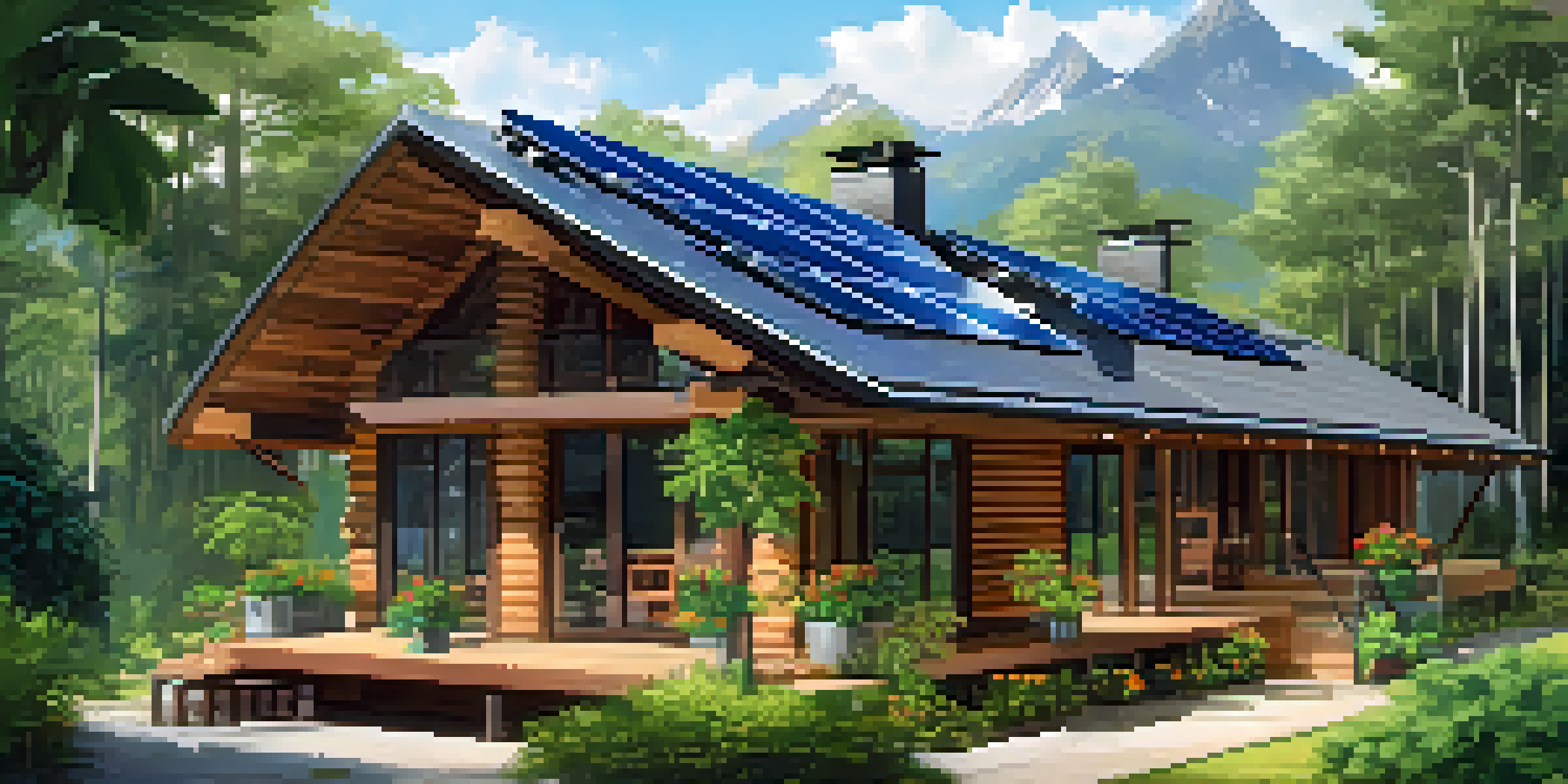 An eco-friendly lodge nestled in nature with solar panels and a vibrant garden.