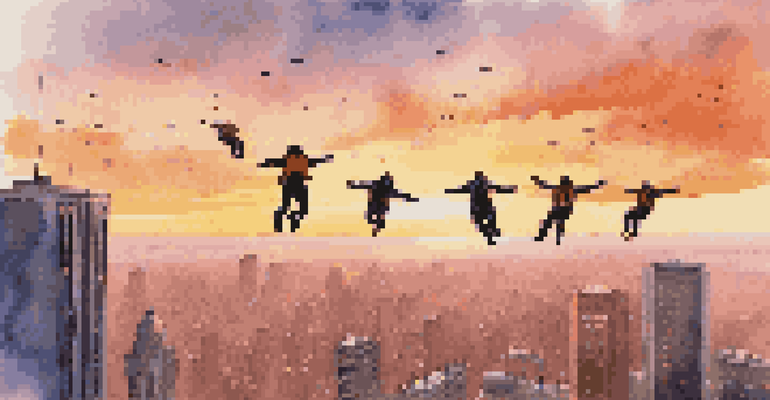 Aerial view of multiple BASE jumpers in the sky at sunset, with colorful clouds and silhouettes of buildings below.