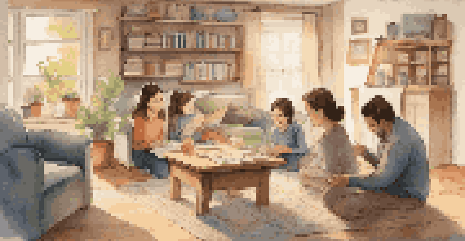 A family engaged in a language learning game at home, with flashcards and a world map in the background.