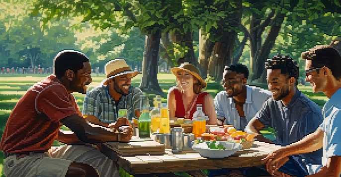A diverse group of travelers sitting around a picnic table in a lush green park, smiling and communicating openly.