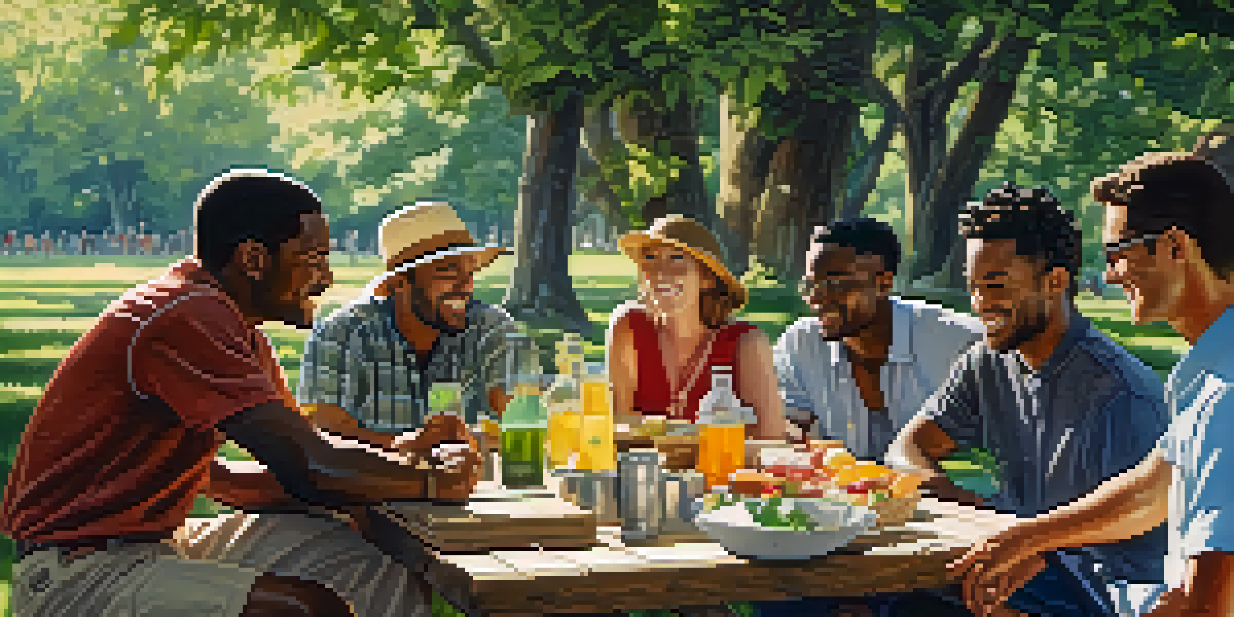 A diverse group of travelers sitting around a picnic table in a lush green park, smiling and communicating openly.