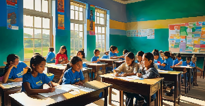 Volunteers teaching children in a bright classroom decorated with colorful artwork.