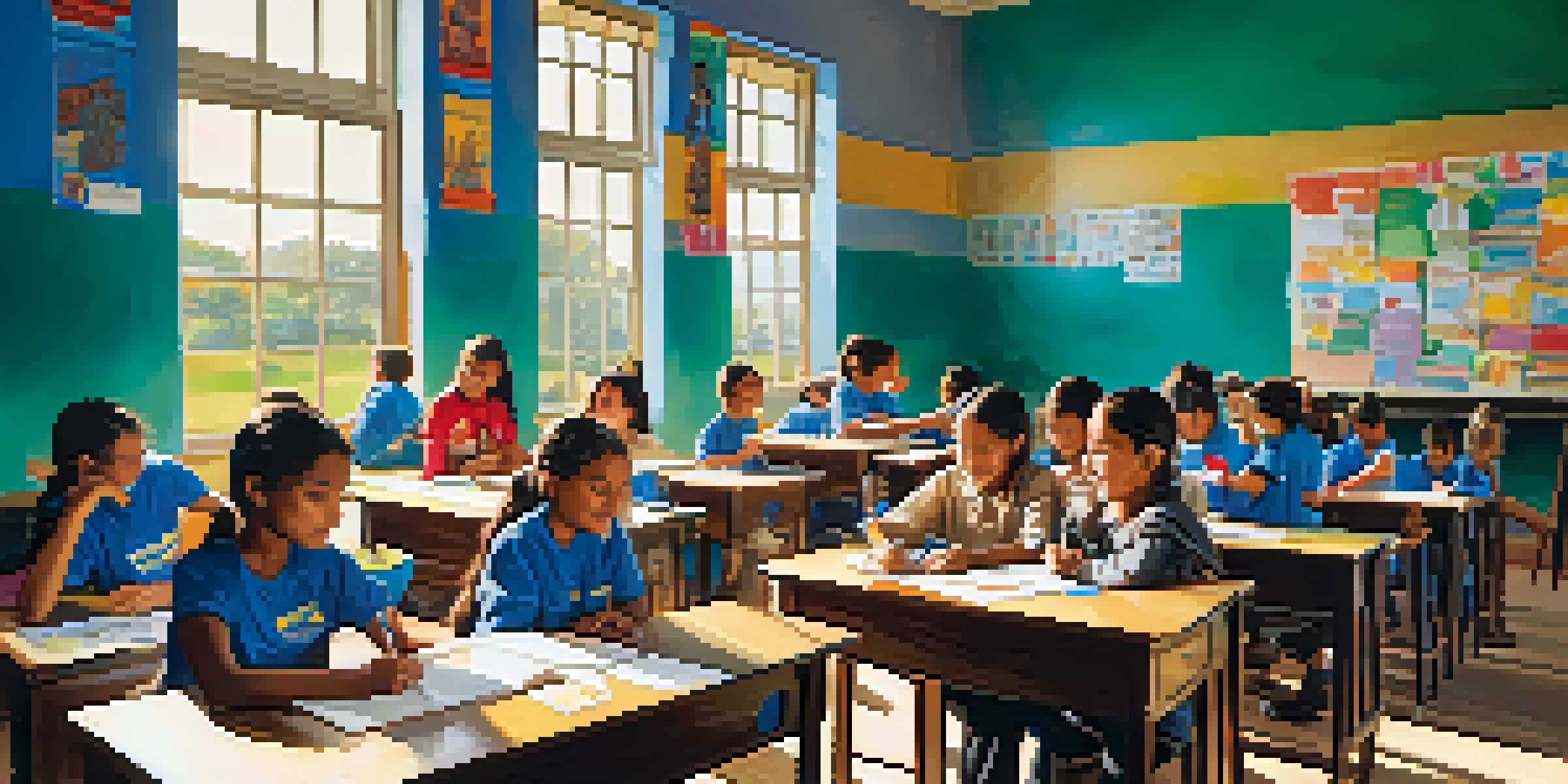 Volunteers teaching children in a bright classroom decorated with colorful artwork.