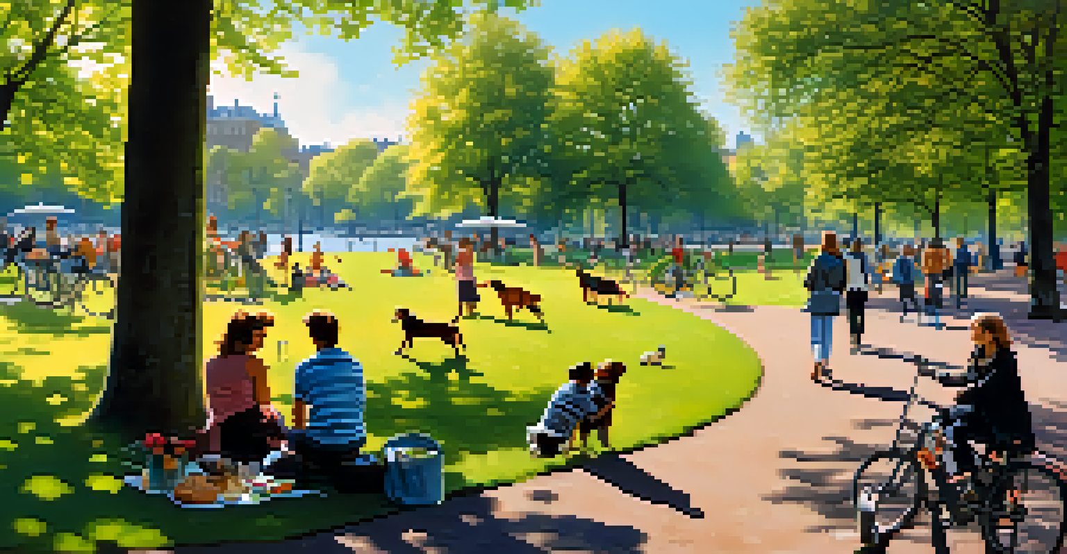 Dogs playing in Vondelpark, Amsterdam, with people enjoying picnics and bicycles in the background.
