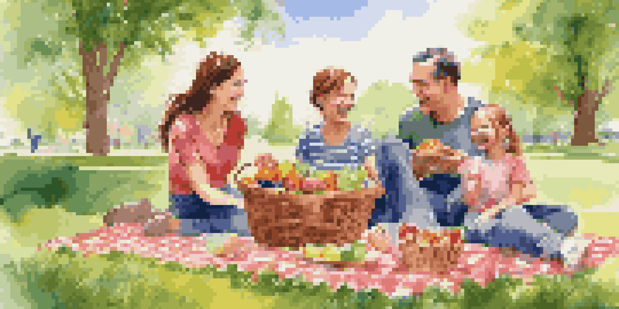 A happy family having a picnic in the park, with parents and children enjoying a sunny day together.