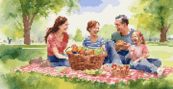 A happy family having a picnic in the park, with parents and children enjoying a sunny day together.