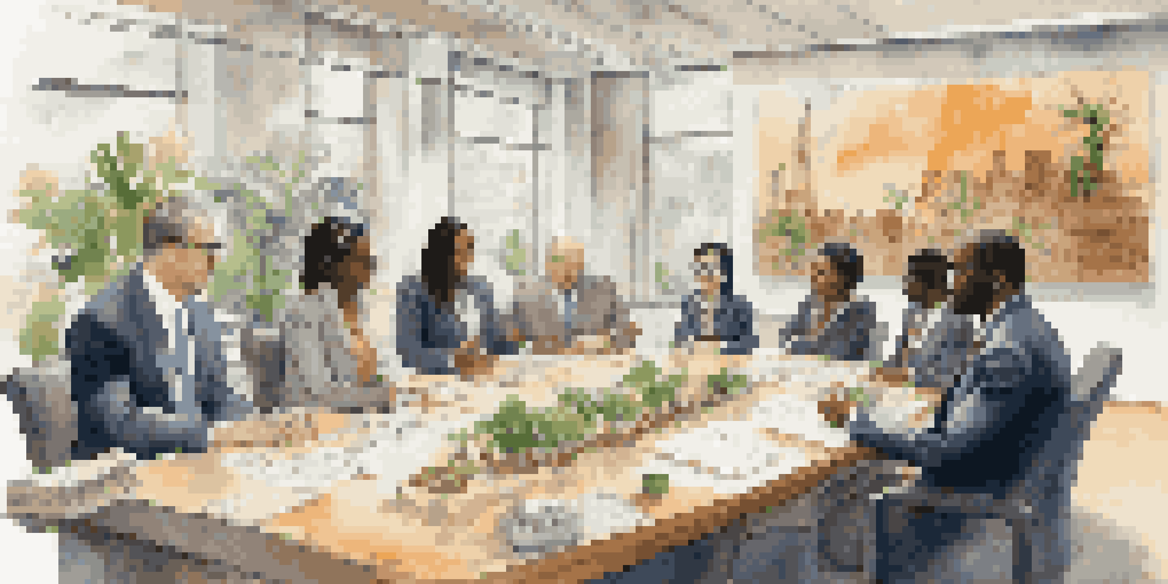 A diverse group of business professionals engaged in a negotiation around a large conference table, showcasing collaboration and cultural artifacts.