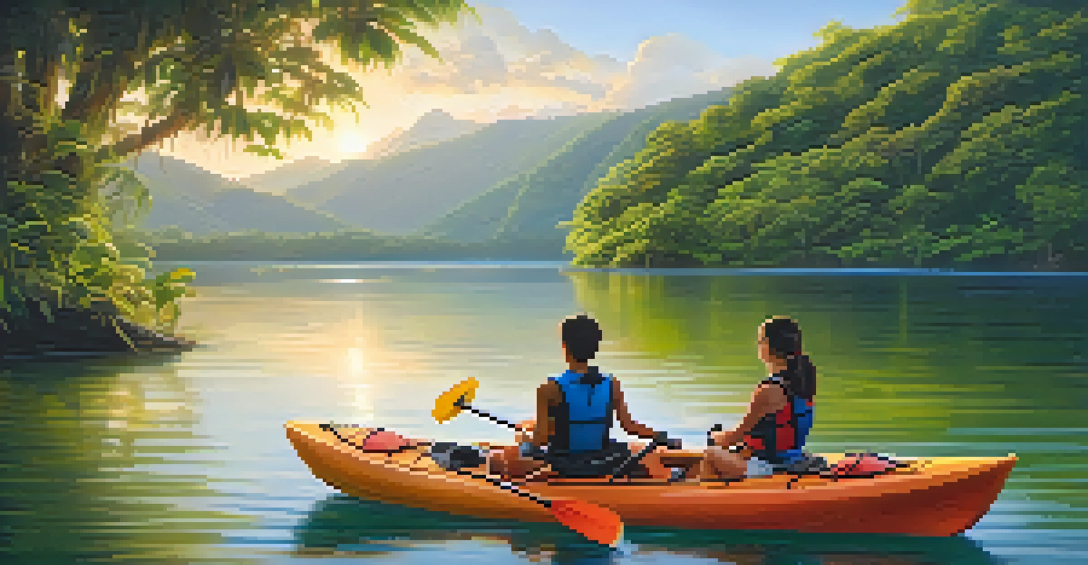 A family kayaking on a calm lake in Costa Rica with lush greenery around them during sunset.