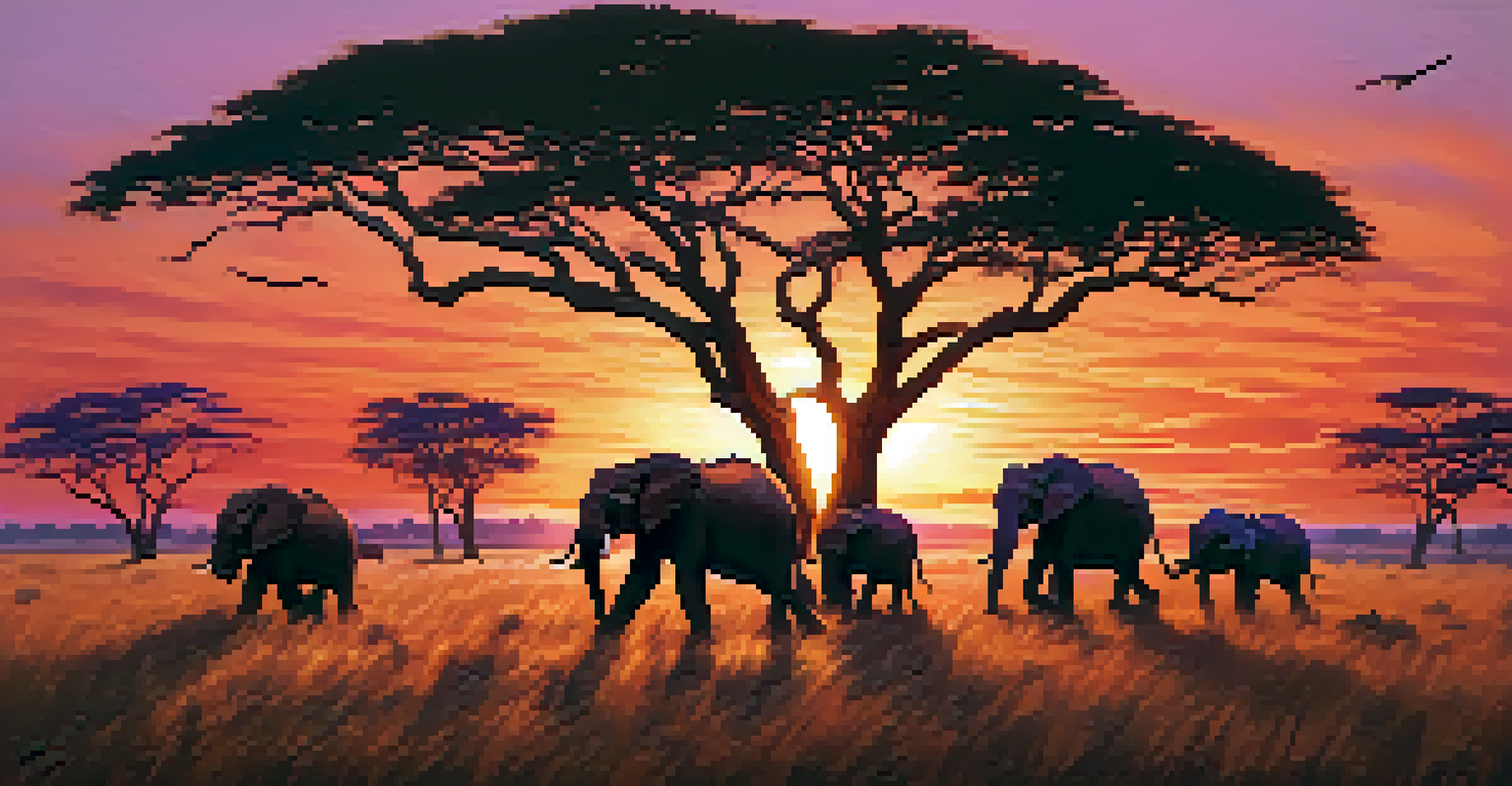 Silhouettes of elephants walking in a savannah during sunset, with vibrant colors in the sky.