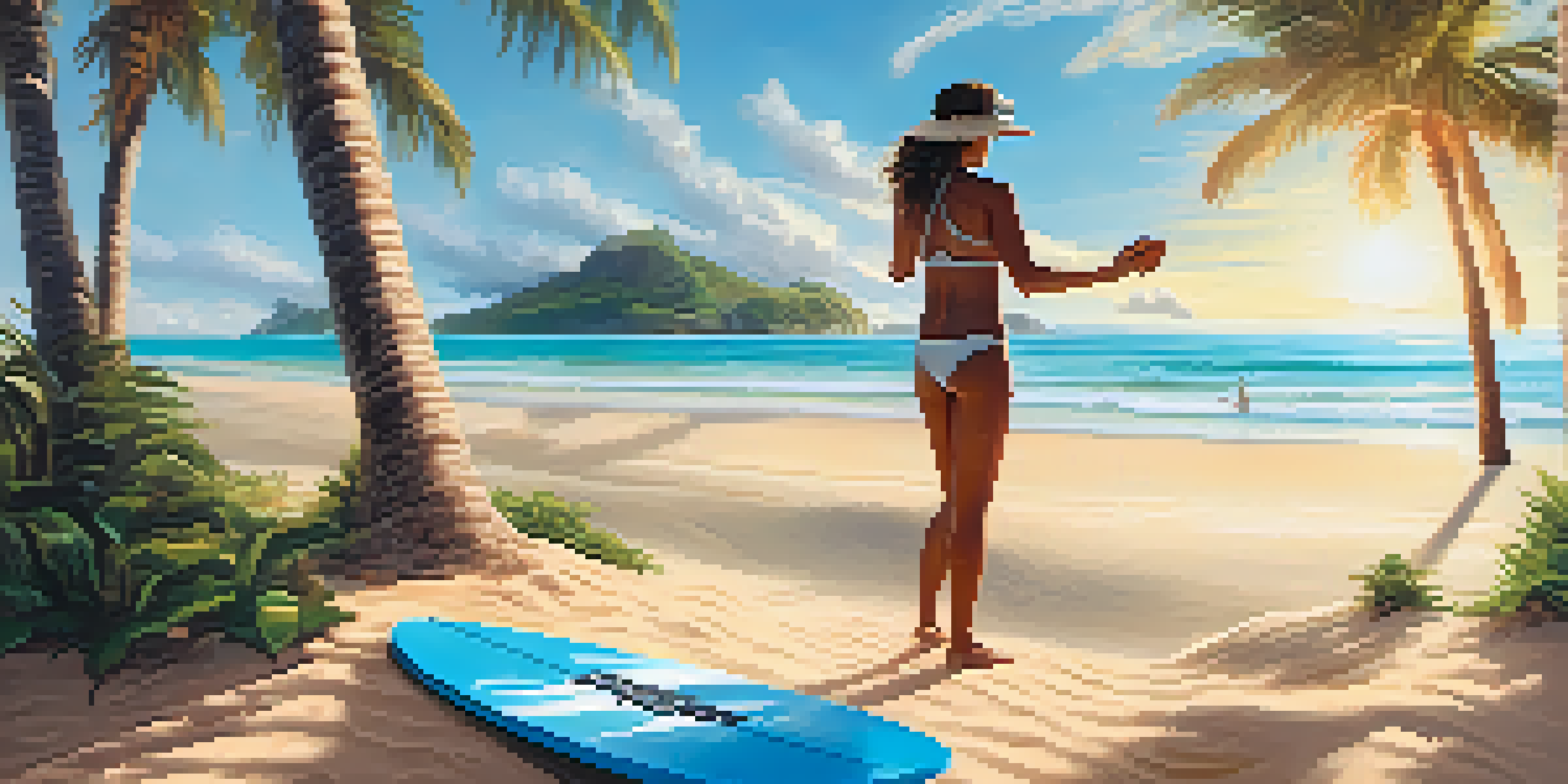 A person wearing a virtual reality headset on a tropical beach, surrounded by palm trees and a clear ocean.