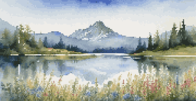 A symmetrical reflection of mountains in a lake, with wildflowers in the foreground and a clear sky.