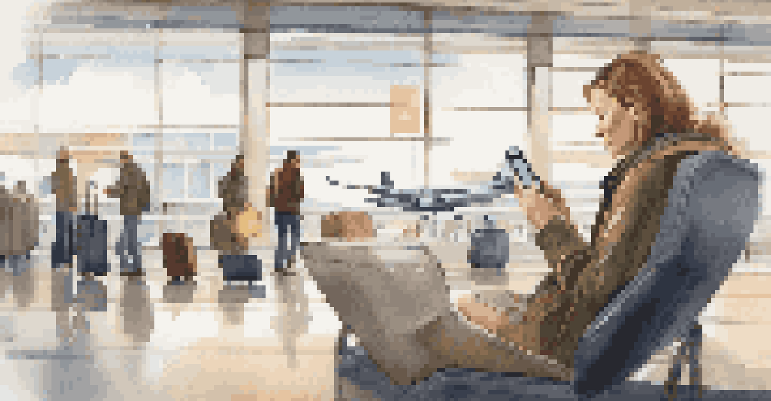 A traveler concentrating on their smartphone to track lost luggage, surrounded by a cozy airport lounge with bright natural light.