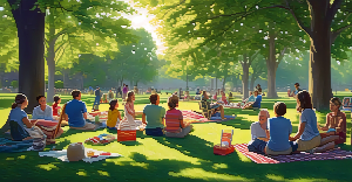 A family reunion in a park with people of different ages enjoying activities, picnic blankets, and sunlight filtering through trees.