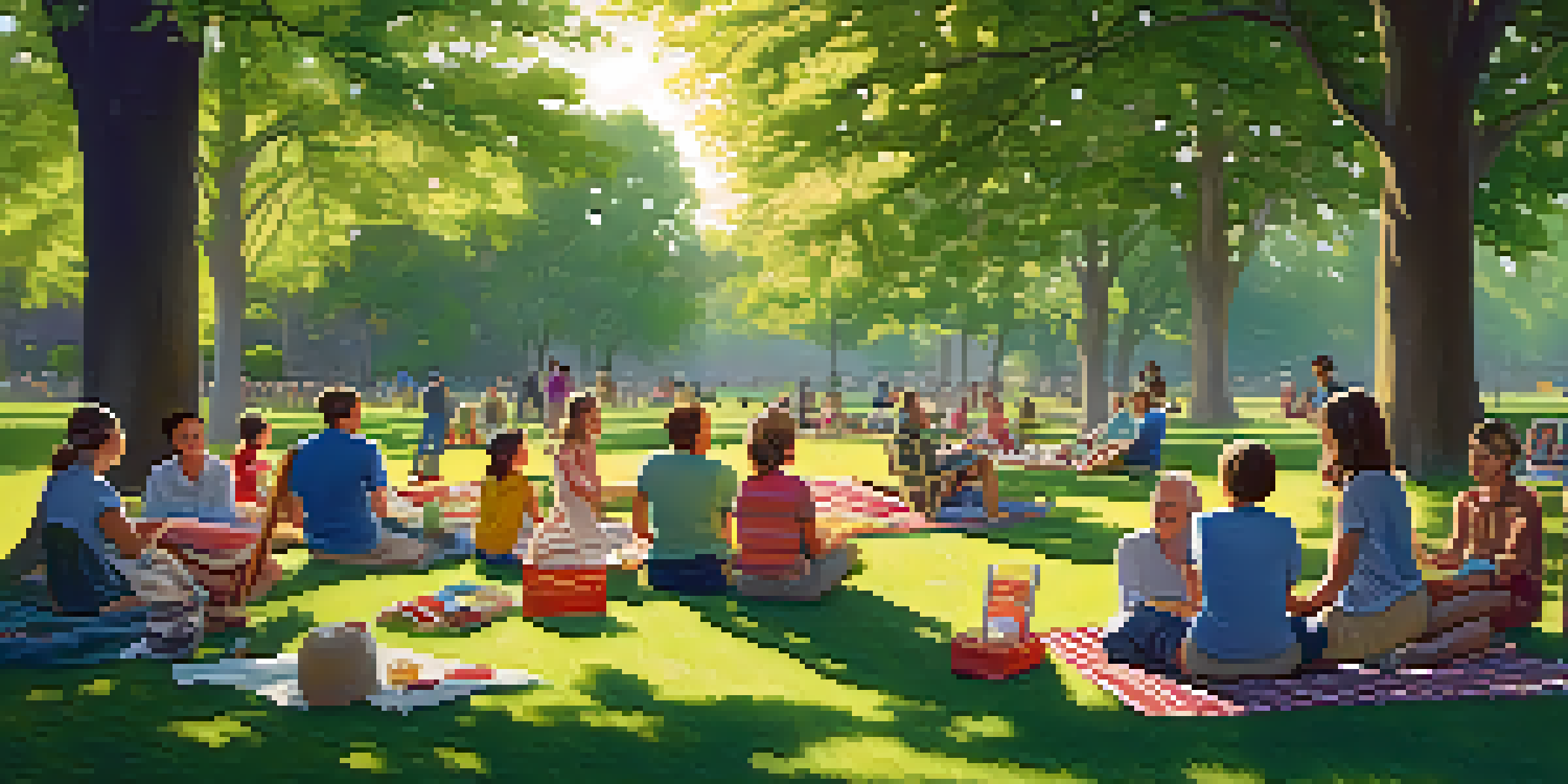 A family reunion in a park with people of different ages enjoying activities, picnic blankets, and sunlight filtering through trees.