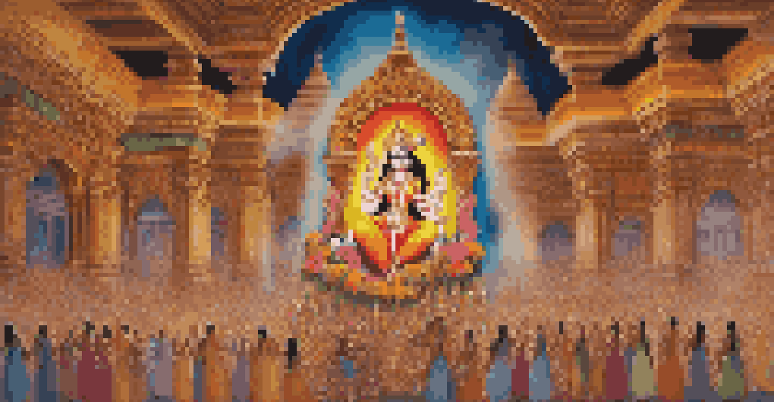 A colorful Durga Puja pandal with a large idol of Goddess Durga and devotees in traditional clothing, illuminated by festive lights.