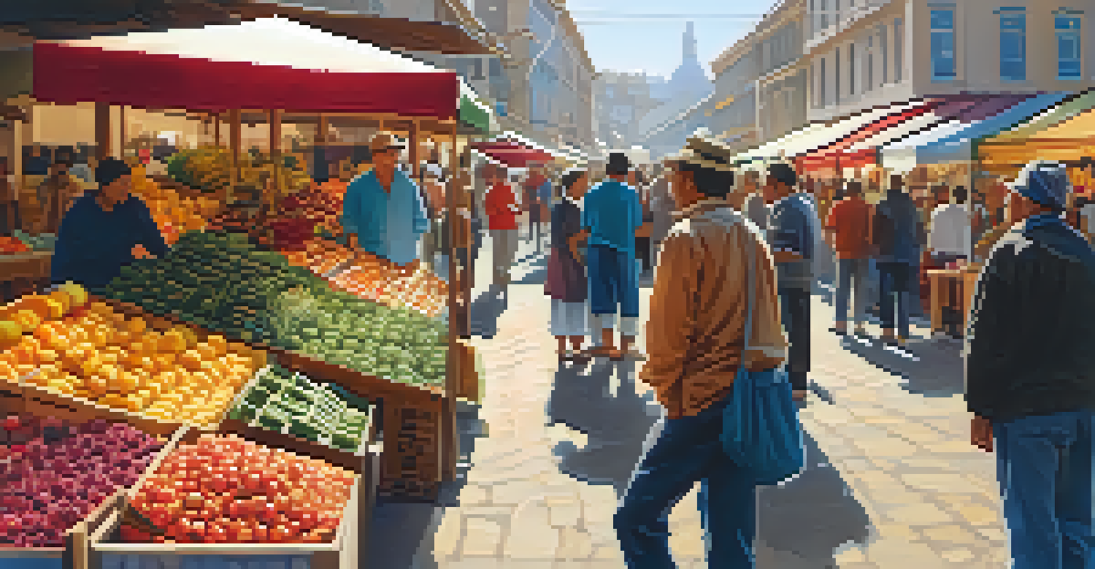 A lively market with colorful stalls and people shopping, showcasing local culture.